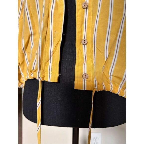 Passport Yellow, Tan & White Striped Button Down Crop Top with Front Tie at Wais - Picture 5 of 9